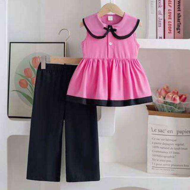 SHEIN Girls Sleeveless Peter Pan Collar Shirt Dress & Pants, Summer