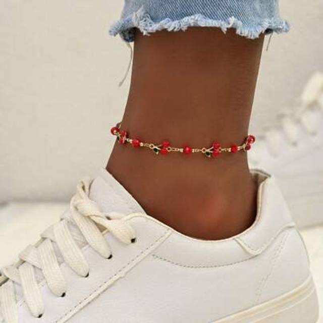 SHEIN 1 Set Adorable Copper Glaze Cherry Anklet Jewelry, Sweet & Fashionable Foot Decoration Suitable For Daily Wear, Beach, Date, Party. The Arrangement Of