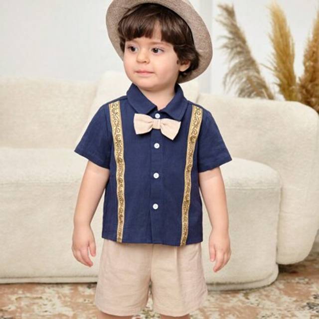 SHEIN 2pcs/Set Baby Boy/Girl Decorative Ribbon Collar Short Sleeve Cardigan Top And Elastic Waist Solid Shorts