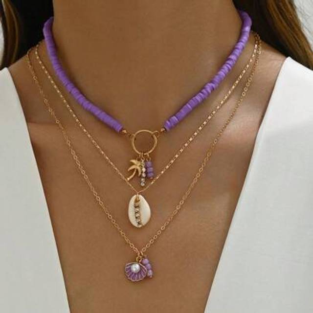SHEIN 3pcs/Set Bohemian Beach Holiday Starfish, Shell, Flower, Palm Tree Decor Multi-Layer Necklace For Women
