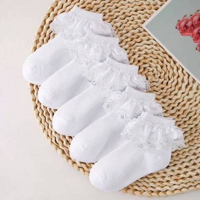 SHEIN 5 Pairs Girls&#39; White Casual Ruffle Lace Trim Mesh Socks, Breathable Princess Style Dance Socks, Fashion Versatile For Daily Life, Party, Back To Schoo