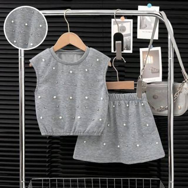 SHEIN Young Girl Casual Minimalist Grey Floral Pearl Beading Design Sleeveless Top & A-Line Skirt Set