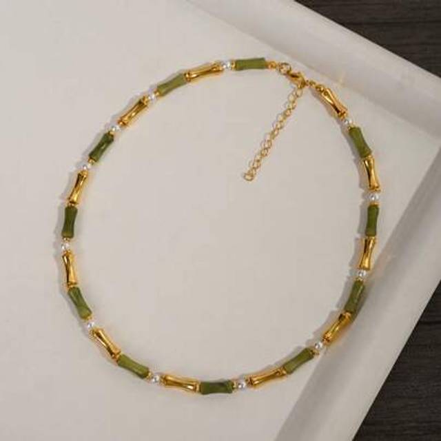 SHEIN 1pc Olive Green Natural Stone, Bamboo Knot, Chinese Jade & Cultured Pearl Necklace, Elegant Delicate Choker For Women Everyday Wear