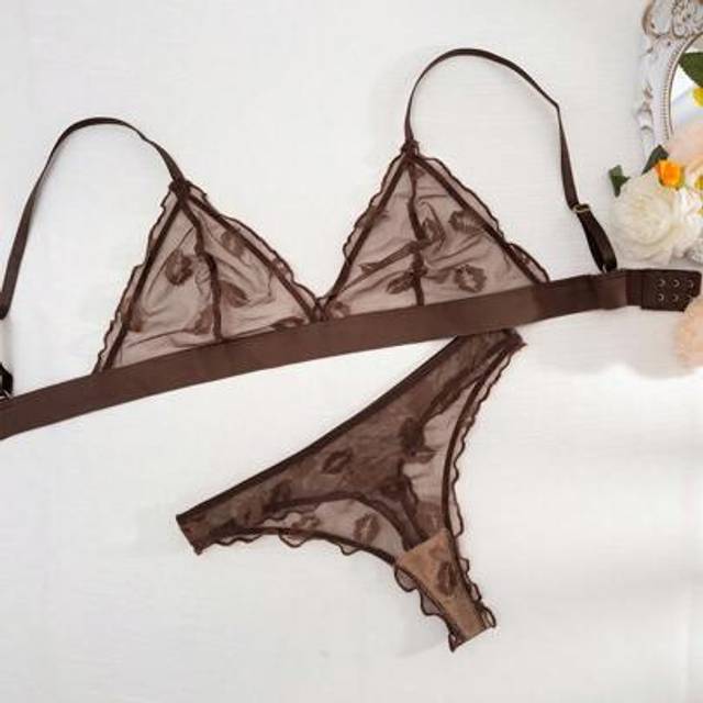 SHEIN 2pcs/Set Lace Up Mesh Breathable Wire-Free Bralette & Thong Panty Lingerie Set