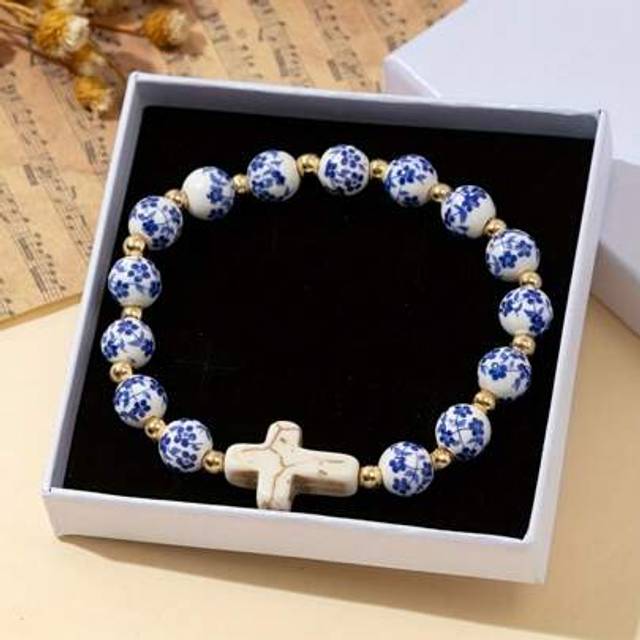 SHEIN Vintage Chinese Style Elegant Turquoise Cross & Ceramic Beads Bracelet