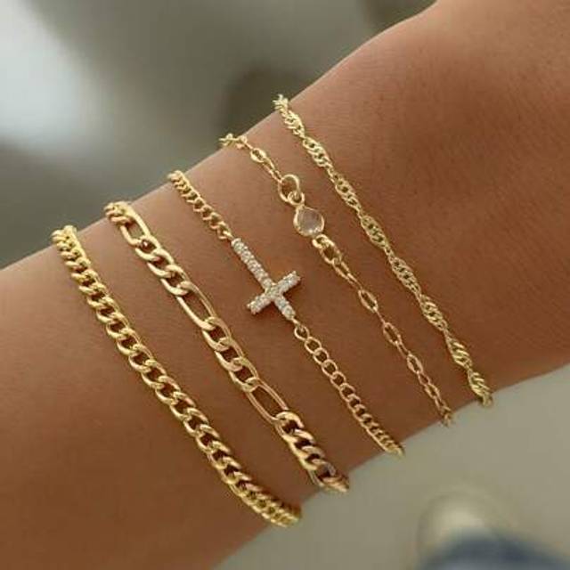 SHEIN 5pcs High-Quality Cubic Zirconia Cross Decorated Multilayer Bracelet, Fashionable, Suitable For Women&#39;s Parties, Gatherings, Daily Wear, Holidays, And