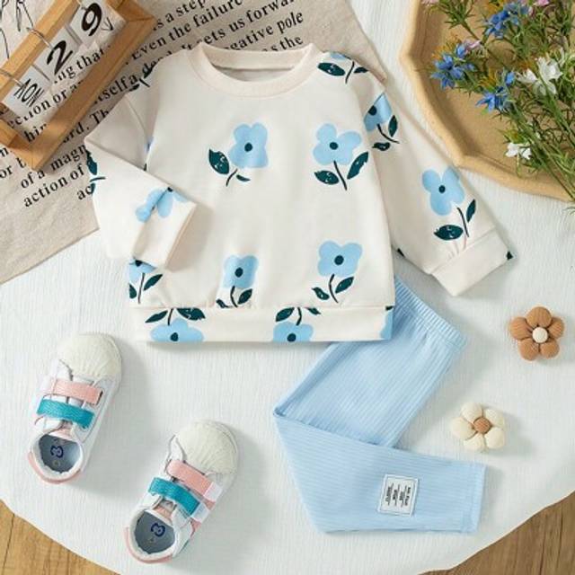 SHEIN Baby Girl Flowers Printed Ribbed Round Neck Sweatshirt And Ribbed Leggings 2pcs Set, Comfortable And Fashionable, Autumn/Winter