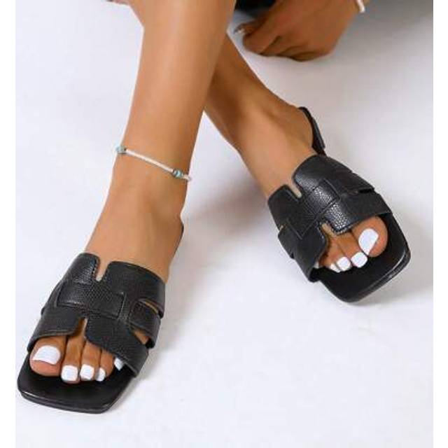 SHEIN Women&#39;s Fashionable Square Toe Criss-Cross Flat Sandals, Black, New Versatile Design For Spring/Summer