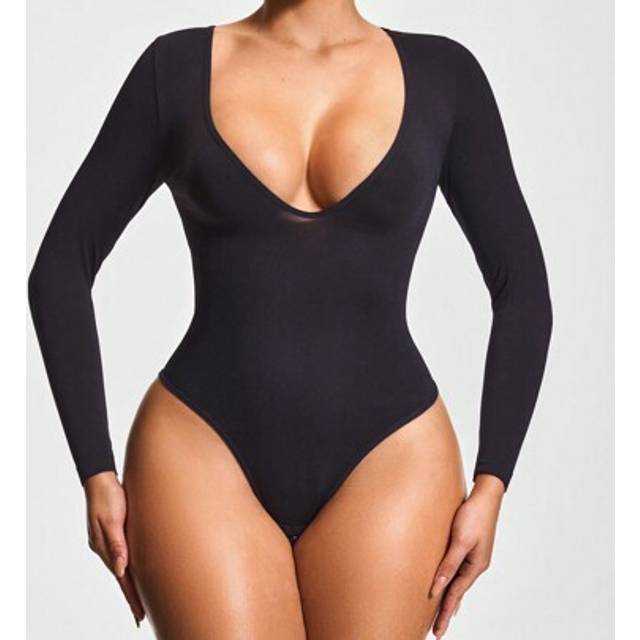 SHEIN Seamless Plunge Deep-V Long Sleeve Slim FitShapewear Thong Bodysuit Body Shaper Butt Lifter-Tummy Waist Thigh Control