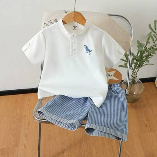 SHEIN Young Boy Preppy Summer New Korean Casual Outfit Embroidery Pattern Polo Shirt + Striped Shorts 2 Pieces Set, Simple & Charming