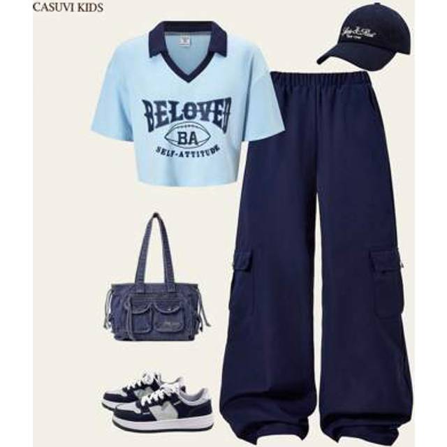 SHEIN 1 Set Teenage Girls Retro Knitted Short Sleeve Shirt And Cargo Pants Set, Casual Matching Outfit, New Arrival
