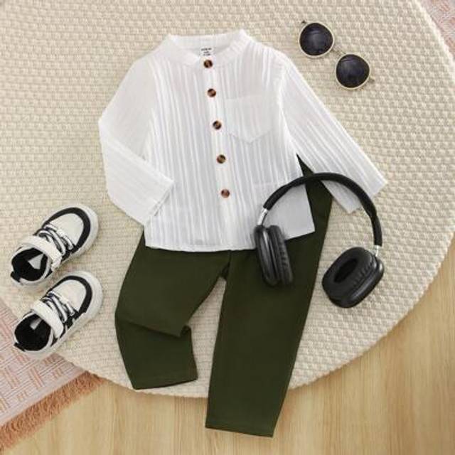 SHEIN 2pcs Baby Boys Stand Collar Textured Fabric Shirt & Pants Set. The Well-Designed And High-Quality Fabric Provide Comfortable And Fashionable Wearing E