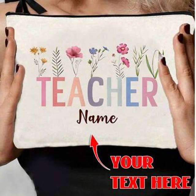 SHEIN 1 Pc Teacher Letters And Floral Pattern Custom Name Makeup Bag Personalised Name Pencil Bags Travel Toiletries Storage Pouch Gifts For Teacher