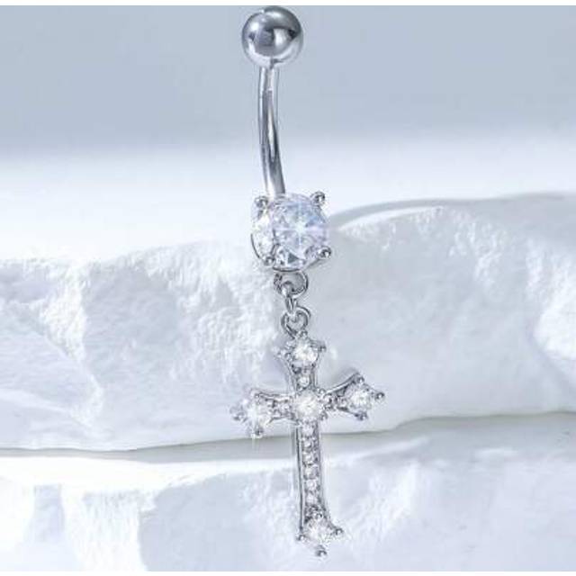 SHEIN 1pc Stylish Silver-Plated Cross Zirconia Navel Ring, Suitable For Women Everyday Wear, Birthday Gift, Bar Party, Beach Party