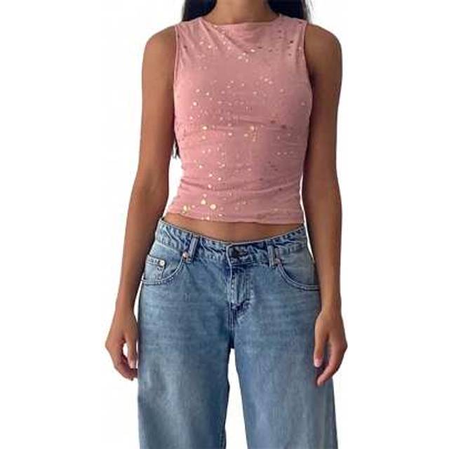 SHEIN Women Summer Cropped Tank Tops Casual Shiny Silver Foil Mesh Sleeveless Shirt Basic Vest For Streetwear