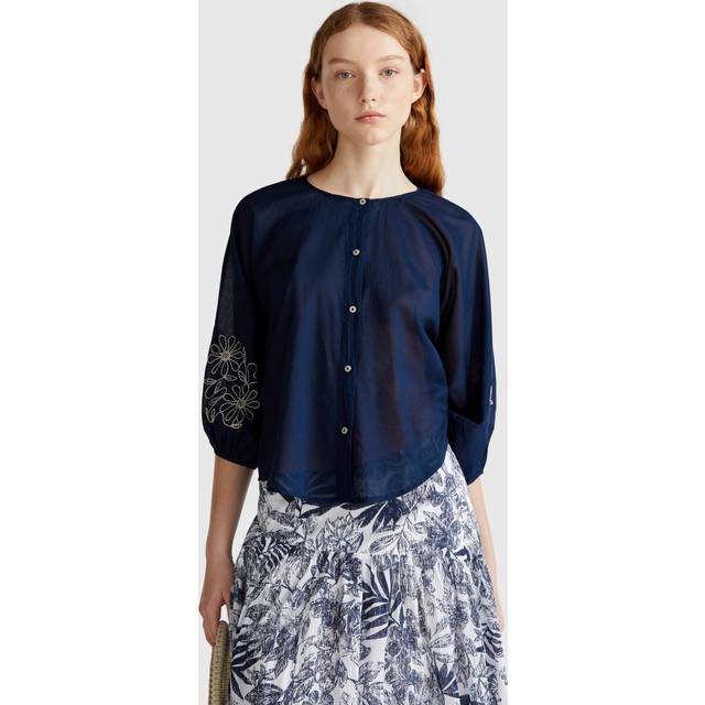 Benetton, Blouse With Floral Embroidery, size XS, Dark Blue, Women