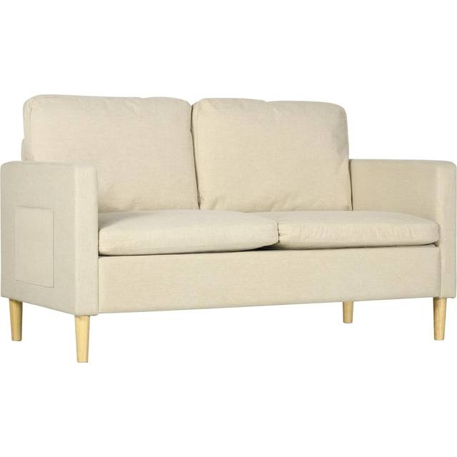 Homcom 143cm 2 Seater Sofa For Living Room, Modern Fabric Couch, Loveseat Sofa Settee With Wood Legs And 2 Pockets For Bedroom And Home Office, Beige