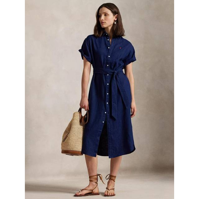 Shirt Dress with Belt, Short Sleeves - Navy