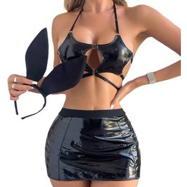 SHEIN Halloween Game Costume Female Star Bra PU Skirt Rabbit Ears Bunny Girl Role Play Three-Piece Set
