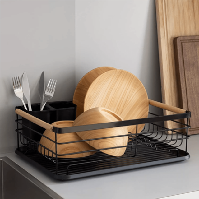 SHEIN Dish Drainer Rack Kitchen Sink Washing Plates Draining Board Cutlery Holder Cup(Black)