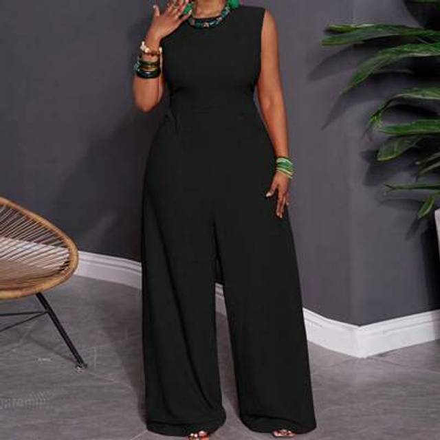 Slaydiva Early Spring Plus Size Women&#39;s Solid Color Sleeveless Jumpsuit