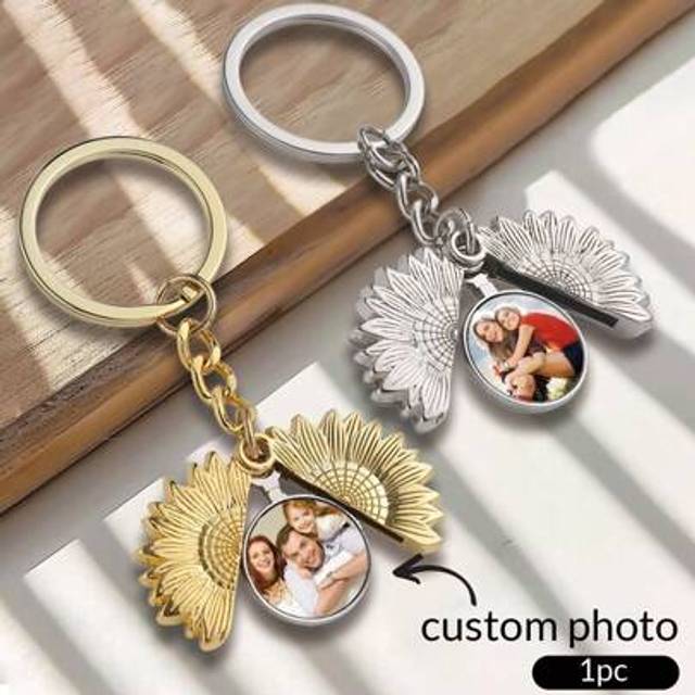 SHEIN Custom Sunflower Keychain With Picture,Personalized Photo Key Chain,Customized Stainless Steel Keychains,Customizable Birthday Gifts,Bag Charms,Purse
