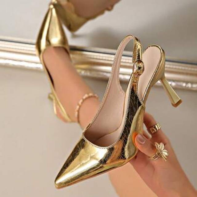 SHEIN [Elegant | High Heels] Women&#39;s Elegant Gold Metal Stilettos | Ankle Strap, Breathable Faux Leather, All-Season, Chic Pointed Toe Design, Fashion Thin