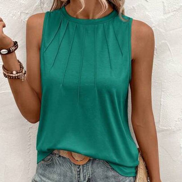 SHEIN Women&#39;s Solid Color Round Neck Toothpick Stripes Design Loose Tank Top