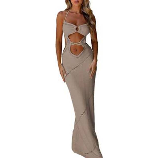 SHEIN Women&#39;s Summer Beachwear Bikini Cover Ups Crochet Knit Long Maxi Dress Sleeveless Knitted Halterneck Front O-Ring Cutout Tie-Up Bodycon Slim Fitte Bea
