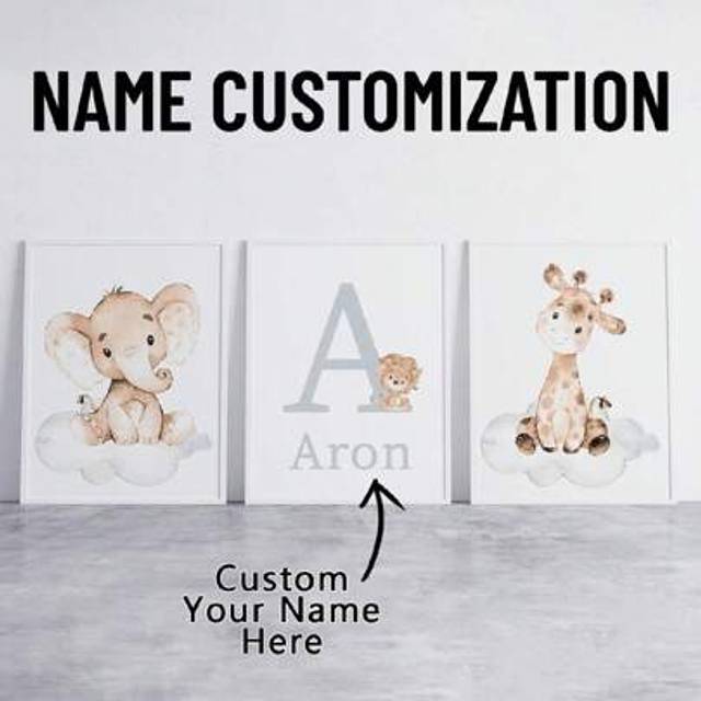 SHEIN 3 Pcs/Set Frameless Custom Name Canvas Poster Wall Art, Personalized Name Cartoon Giraffe Elephant Poster Home Decor, Living Room Bedroom Kitchen Deco