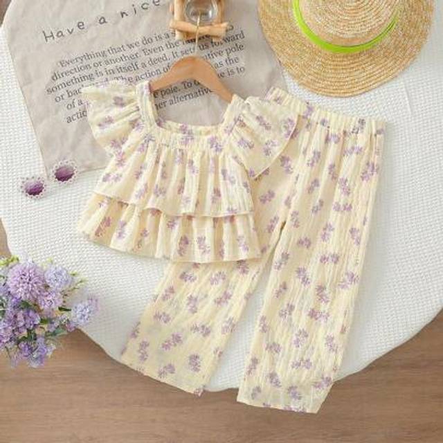 SHEIN 2pcs/Set Young Girl Elegant Apricot & Purple Floral Ruffle Textured Crop Top With Long Pants, Sweet Summer Outfit For Little Girls Summer Outfits For