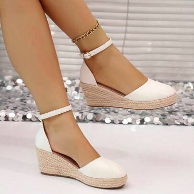 SHEIN Women&#39;s High Heel Wedge Espadrille Sandals, Fashion Round Toe Hollow Ankle Strap Design