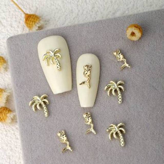 SHEIN Spring Summer Ocean Gold Coconut Tree Mermaid Nail Charms 10pcs 3D Alloy Ocean Elements Nail Art Decorations DIY Gift For Girls Nail Gems Nail Supplie
