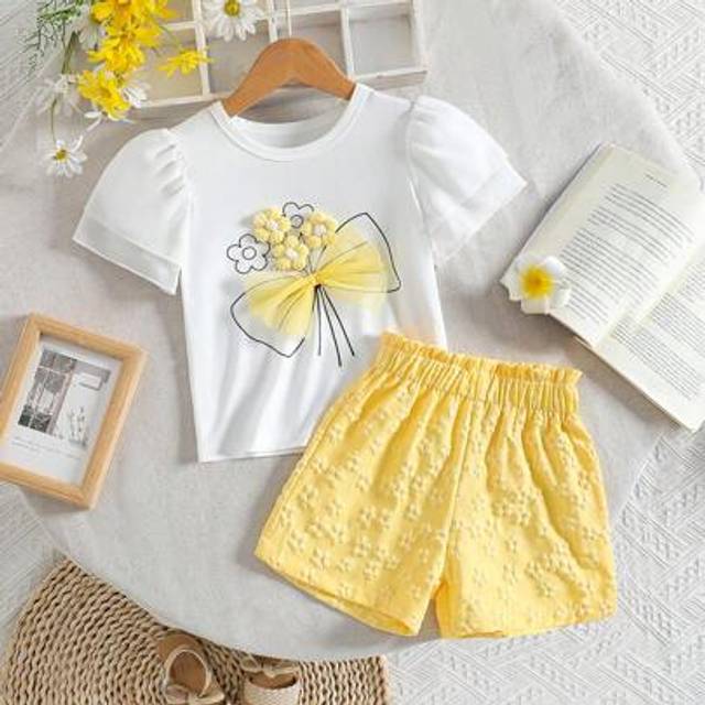 SHEIN 2 Pieces Set Young Girl Sweet 3D Floral Mesh Bow Patchwork Round Neck Chiffon Top + Bubble Jacquard Shorts Outfit, Suitable For Outings, Vacations, Su