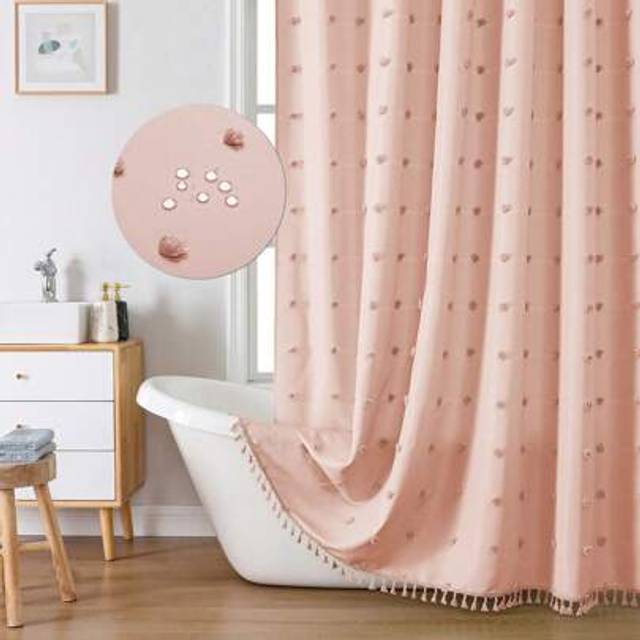 SHEIN 1pc Pink Plush Embroidered Ball Tassel Shower Curtain, Simple 3D Cut-Out Waterproof Polyester Bathroom Curtain, Comes With Hooks Home Bathroom Decor F