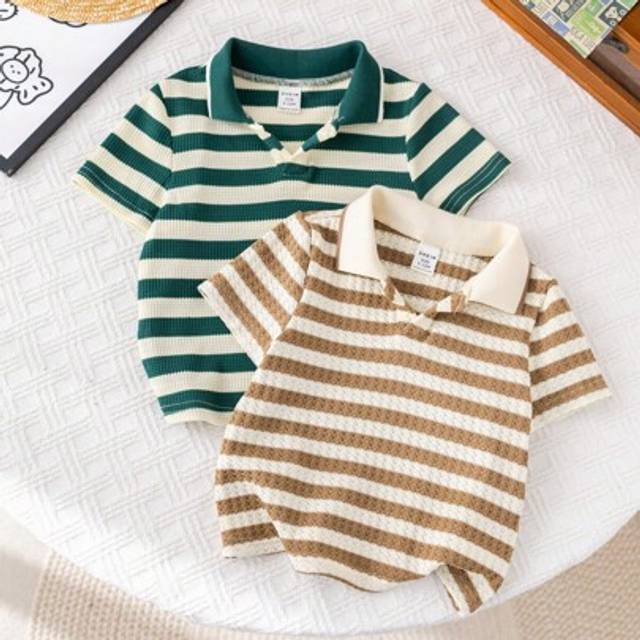 SHEIN 2pcs Baby Boy Summer Cute Striped Knit Short Sleeve Polo Shirt Set, Suitable For Birthday Party, Evening Party, Performance, Wedding, Baby Shower, 1 M