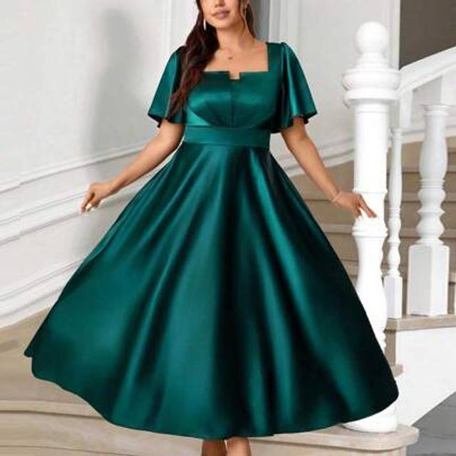 SHEIN Plus Size Square Neck Flutter Sleeve Solid Satin A-Line Ankle-Length Dress, Suitable For Party, Wedding