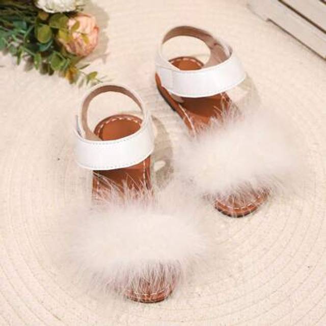 SHEIN 1 Pair Toddler Girls White Furry Strap Hook And Loop Design Round Toe Non-Slip Flat Sandals, Suitable For 3-15 Years Old Girls, Indoor Outdoor Daily C