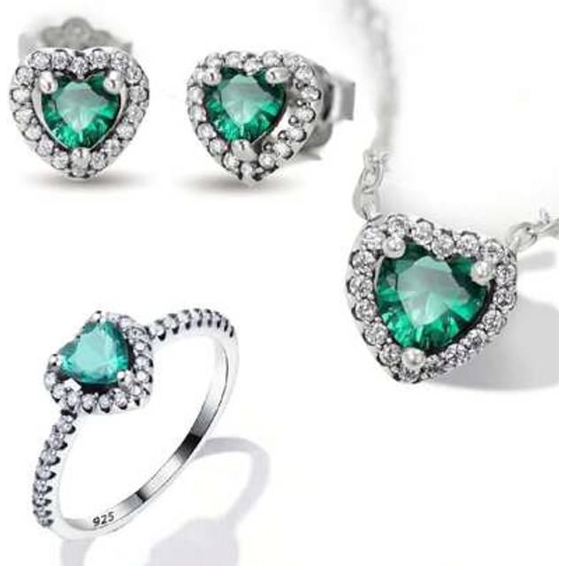 SHEIN 1pc/Set 925 Sterling Silver Green Heart-Shaped Full Rhinestone Necklace Ring & Earring Set For Women Fine Jewelry Gift Valentines