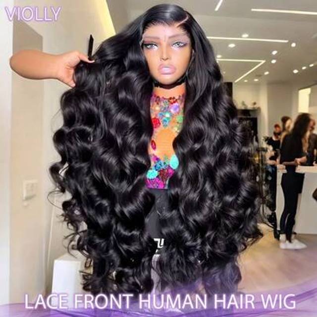 SHEIN VIOLLY 200% Density Black Color Body Wave Human Hair Blended Hair13X4 13x6 Lace Frontal Wigs For Preplucked Large Area Lace Front Wig Daily Party Wigs