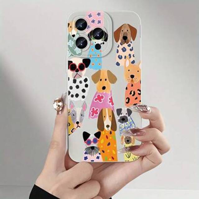 SHEIN 1pc White Matte Lens Protection Anti-Fall Phone Case With Graffiti Spotted Painting Colorful Dog Pattern, Personalized For IPhone 16 Pro Max/15/14 Plu