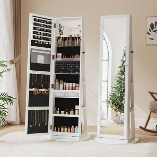 SHEIN 360Â° Swivel Jewellery Storage Organiser, 3 In 1 Lockable Jewellery Armoire With Storage Shelf, Freestanding Jewelry Organiser Full Length Mirror Back