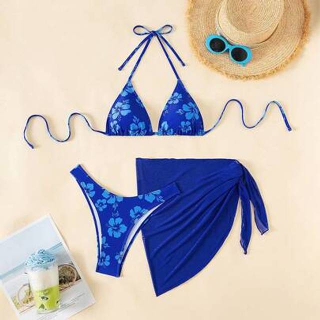 SHEIN 3pcs/Set Women Halter Neck Triangle Bra & Brief Bikini Set With Sarong Skirt