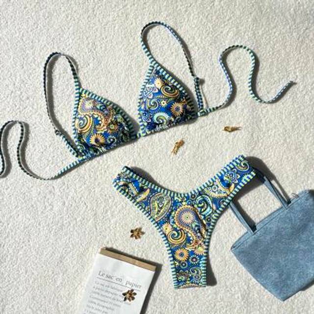 Swim Vcay 2pcs New Multicolor Small Ditsy Floral Removable Halterneck High Cut Bikini Swimsuit Set For Women Beach Holiday