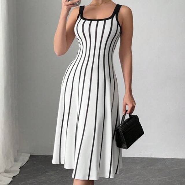 Calvaya Women&#39;s Casual Loose Wide Strap Striped Print Black And White Dress