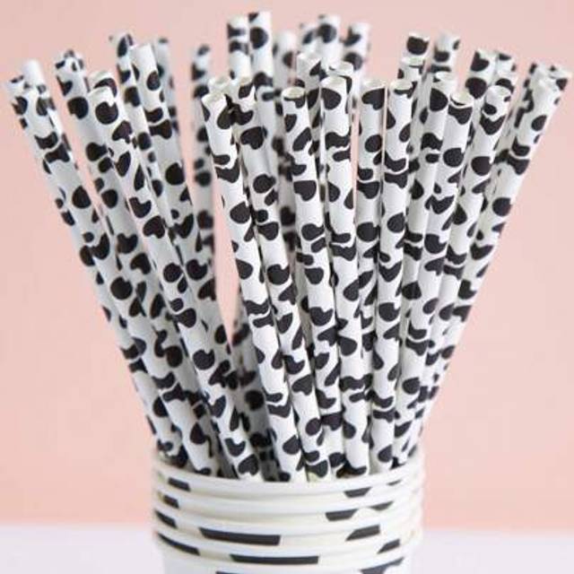 SHEIN 10/25/50/100pcs White Base Farm Style Cow Print Paper Drinking Straws, Disposable Tableware Straws, Suitable For Birthday, Party, Home, Bar, Beverage
