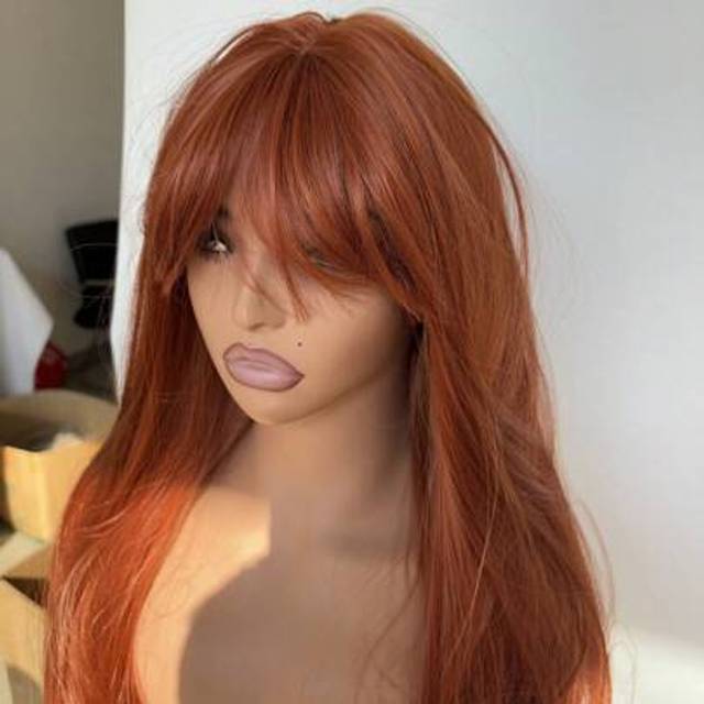 SHEIN Layered Synthetic Hair Heat Resistant Long Straight For Party Dress Up Wigs Wear And Go Wig Rose Mesh Net With Bangs Copper Red