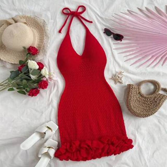 Soleia Vacation Halter Ruffled Backless Knit Mini Red Dress