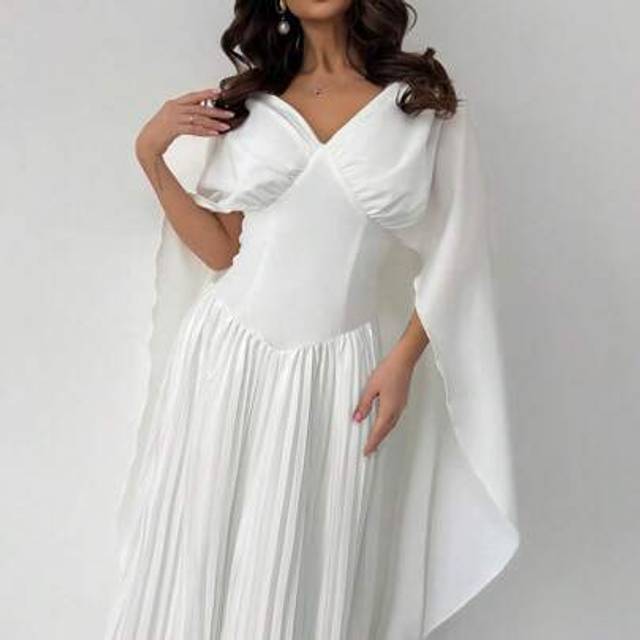 Firerie Women&#39;s Elegant Detailed Romantic Wedding Guest Party V-Neck Super Long Sleeve Pleated Hem A-Line Long White Dress, Summer
