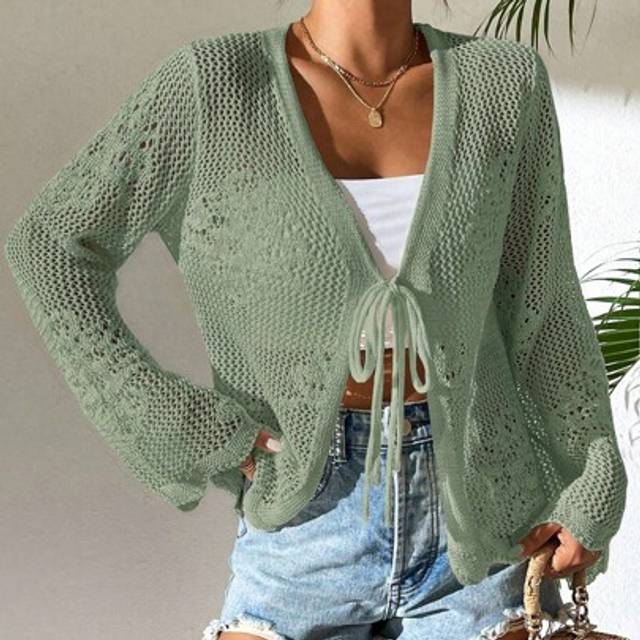 Breezaya Simple Solid Color Knit Tie Front Cardigan, Suitable For Everyday Wear